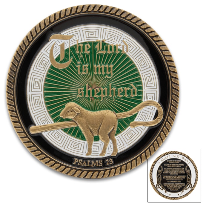 The artwork on the front of the Lord Is My Shepherd Coin
