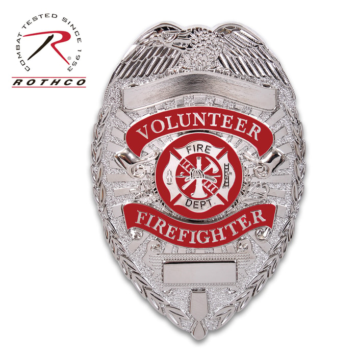 Rothco Deluxe Silver Volunteer Firefighter Badge - Nickel-Plated, Sturdy Pin, Red Insignia - Dimensions 3 1/8”x2 1/4”