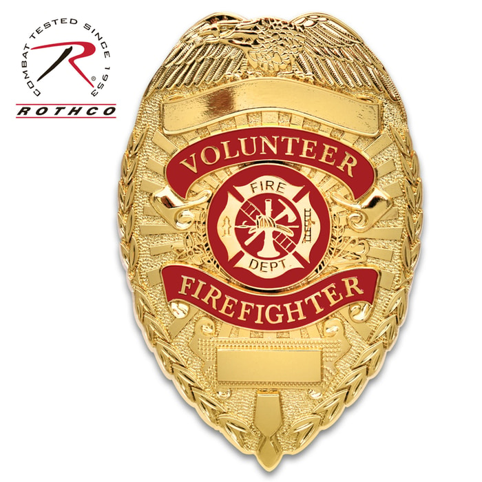 Rothco Deluxe Gold Volunteer Firefighter Badge - Gold-Plated, Sturdy Pin, Red Insignia - Dimensions 3 1/8”x2 1/4”