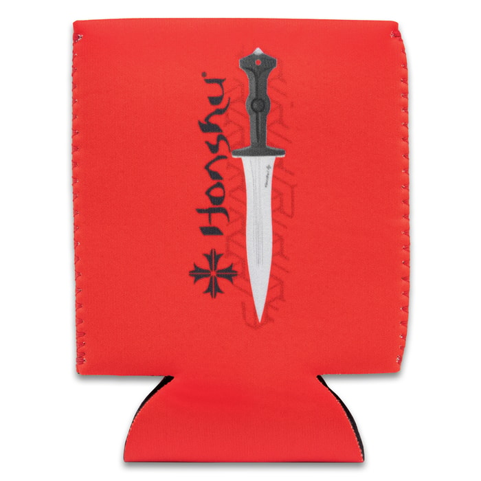 A red koozie is shown printed with black “HONSHU” logo and image of a dagger with black handle.