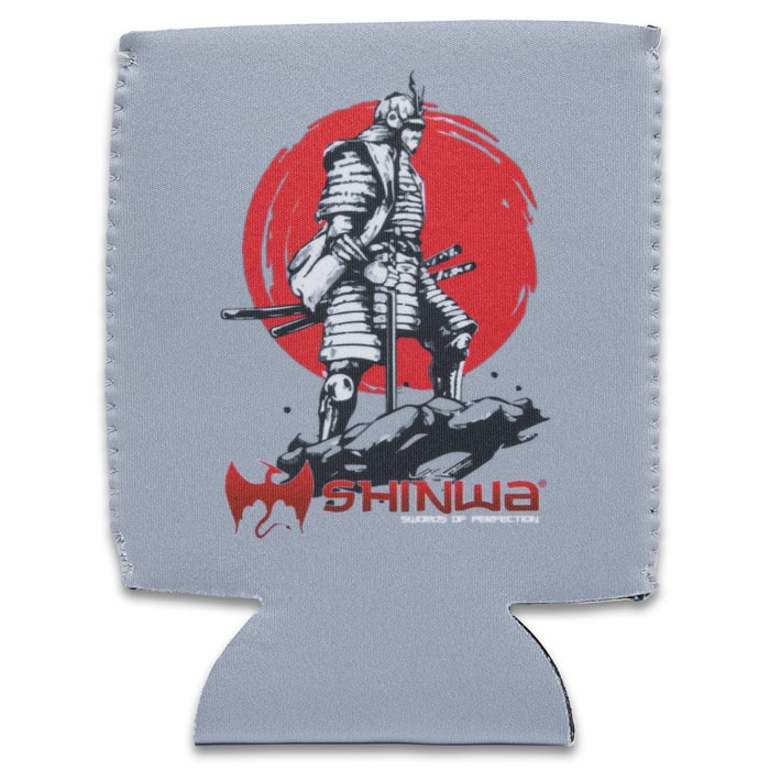 A gray koozie is shown printed with red “SHINWA” logo beneath the image of a samurai warrior in front of a red sun.