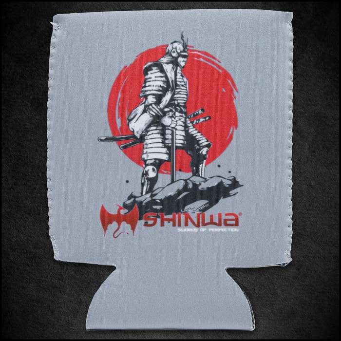 A gray koozie is shown printed with red “SHINWA” logo beneath the image of a samurai warrior in front of a red sun.