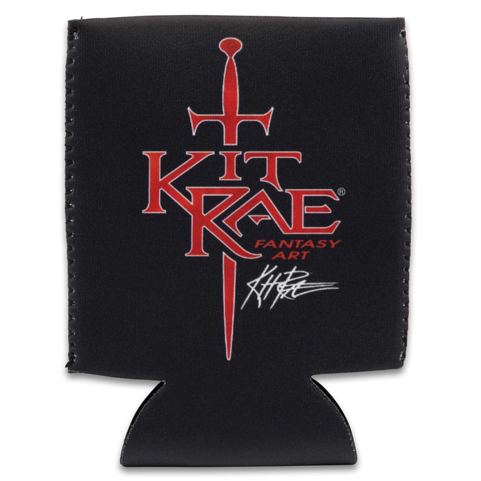 A black koozie is shown printed with red Kit Rae logo with sword image and Kit Rae’s signature  in white.