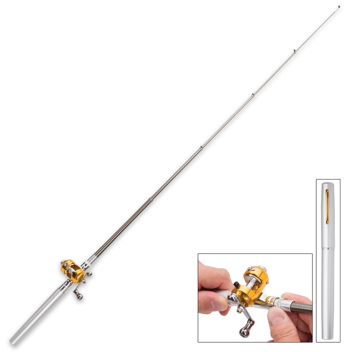 Silver Fishing Pen - Compact Rod And Reel, Aluminum Alloy And Fiberglass Construction, Realistic Pen Case, Rod Expands To 38”