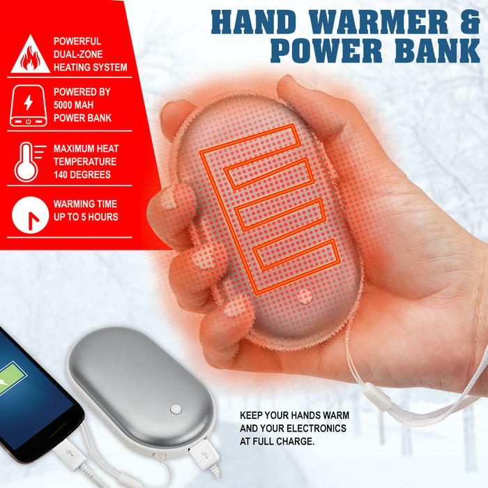 Hand Warmer And Power Bank - 5000 MAH, Aviation Aluminum Construction, Three Heat Modes, USB Cord