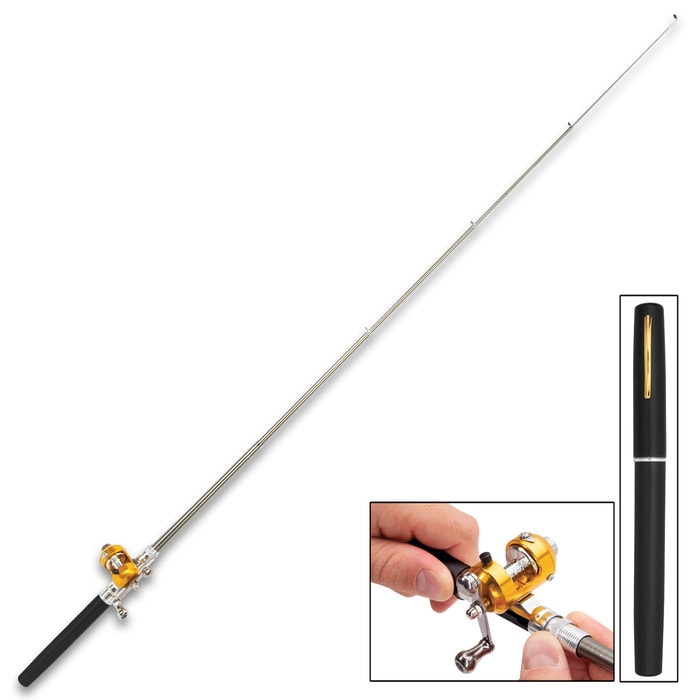 Black Fishing Pen - Compact Rod And Reel, Aluminum Alloy And Fiberglass Construction, Realistic Pen Case, Rod Expands To 38”