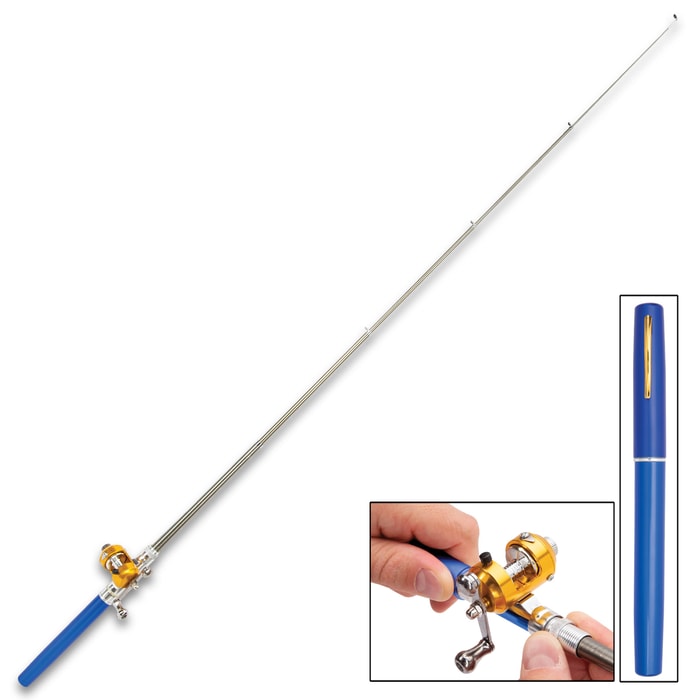 Blue Fishing Pen - Compact Rod And Reel, Aluminum Alloy And Fiberglass Construction, Realistic Pen Case, Rod Expands To 38”