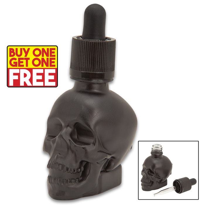 Our Black Skull Bottle With Liquid Dropper is the perfect place to keep your secret potions and oils safe and readily available to use