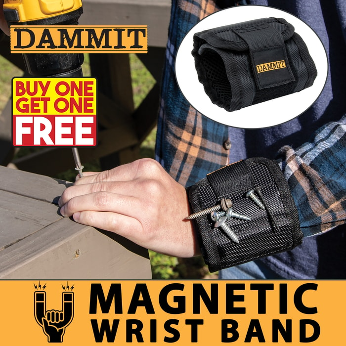 The Dammit Magnetic Wristband shown up close and worn on a wrist