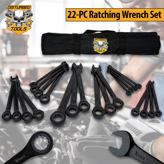 Disturbed Tools Ratcheting Wrench Set shown with its different sizes of wrenches displayed