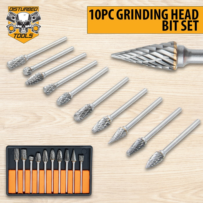 The pieces of the Disturbed Tools Steel Grinding Head Set shown in full and up close