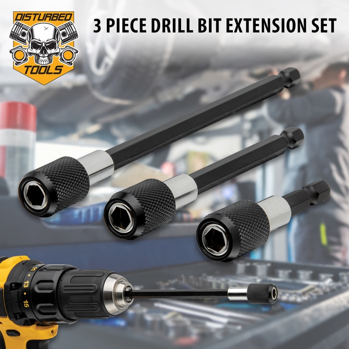 The pieces in the Disturbed Tools Drill Bit Extension Set