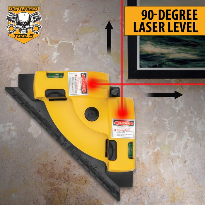 This image shows the 90 degree laser level in use demonstrating how it can be used to level framed art.