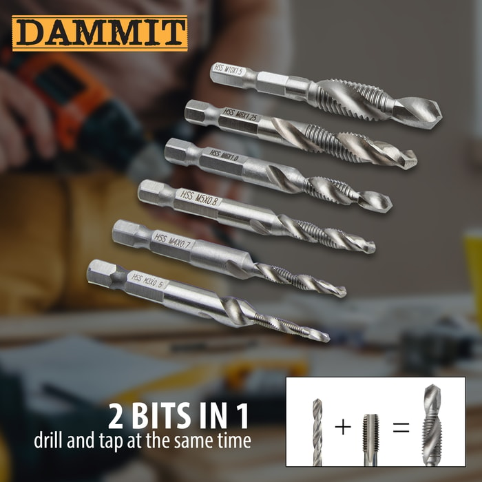 The pieces included in the Dammit Thread Tap Drill Bit Set