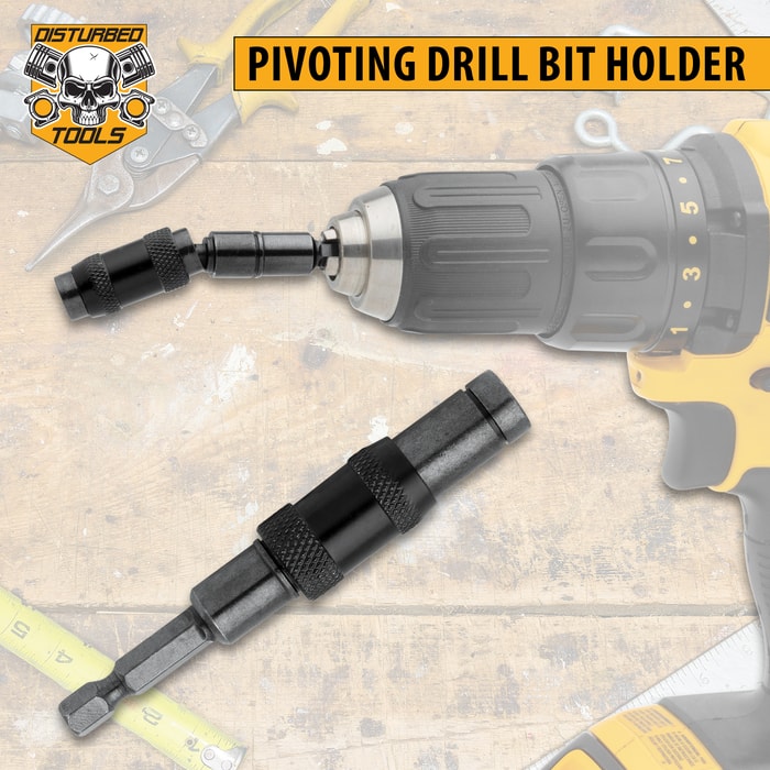 The Disturbed Tools Pivoting Drill Bit shown on and off a drill