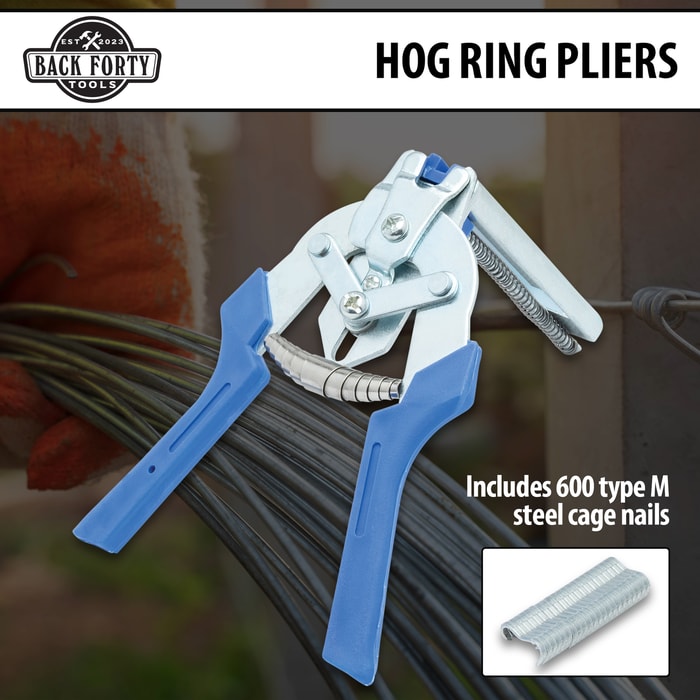These hog ring pliers include hog rings and are used to mend different types of wire fences on farms.