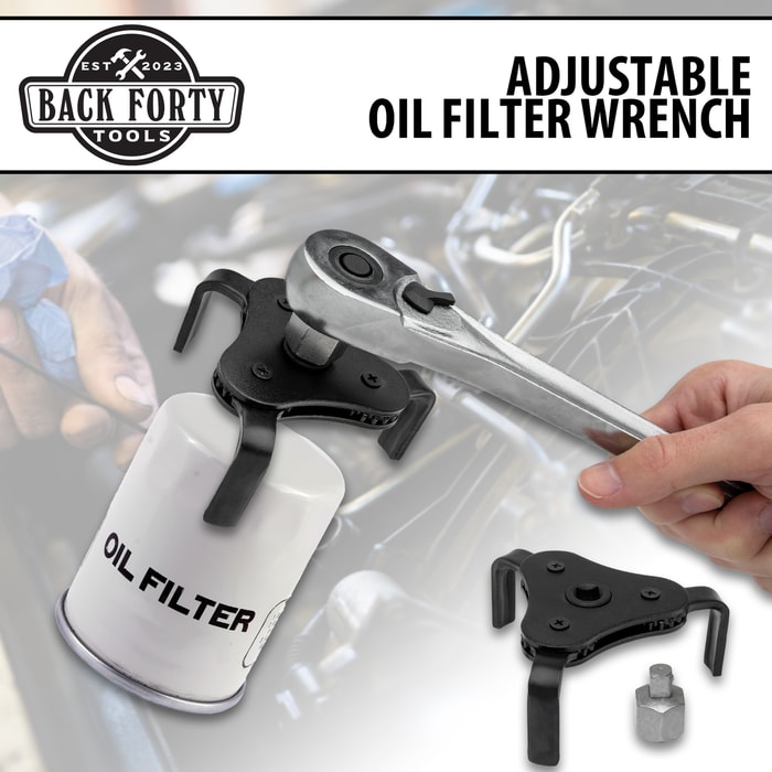 The Back Forty Adjustable Oil Filter Wrench shown in use