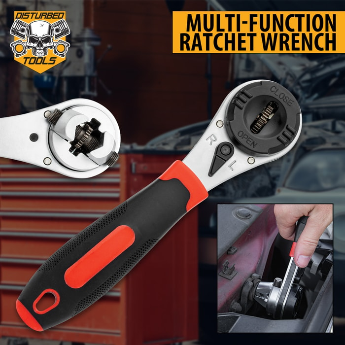 Different views of the Disturbed Tools Multi-Function Ratchet Wrench including in use
