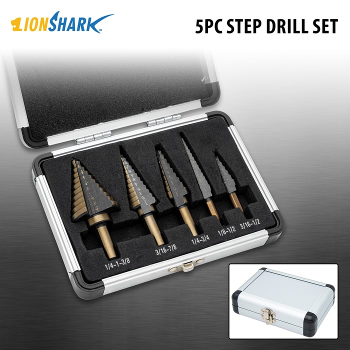 The Disturbed Tools Step Drill Bit Set shown in its metal case