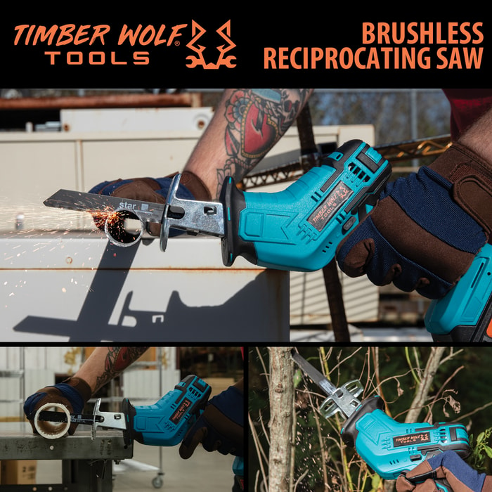 The Timber Wolf Tools Brushless Reciprocating Saw shown in use