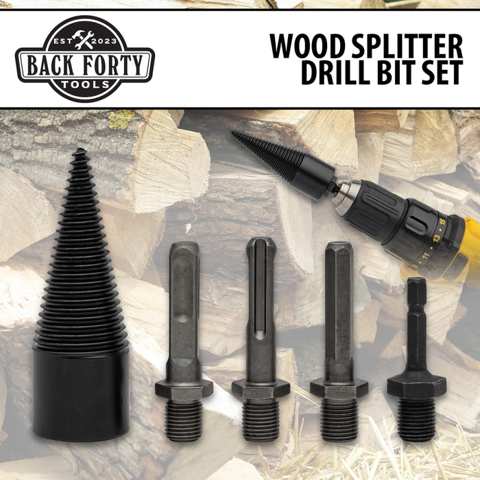 All the pieces of the Back Forty Wood Splitter Drill Bit Set shown