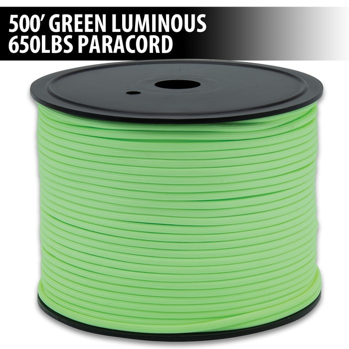 Full image of the 650LBS Green Luminous 500' Paracord Spool.