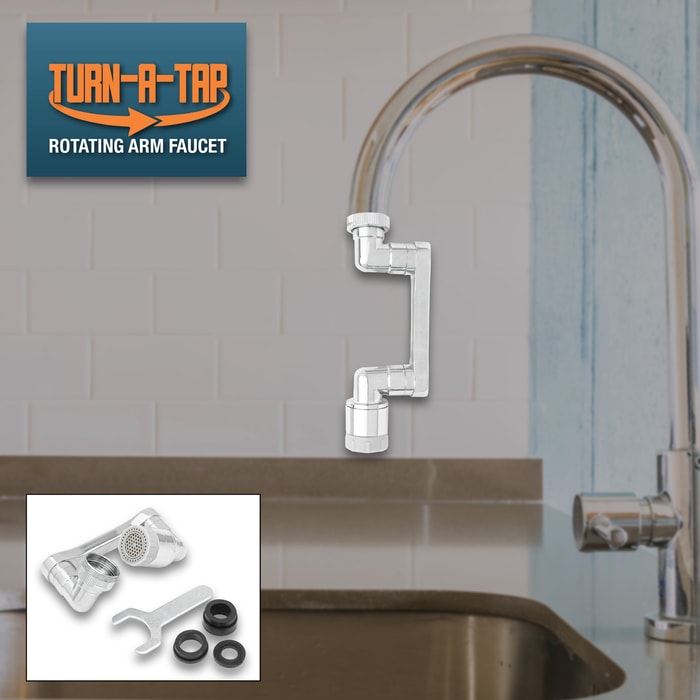 Full image of Turn-A-Tap Rotating Arm Faucet and what is included with it.