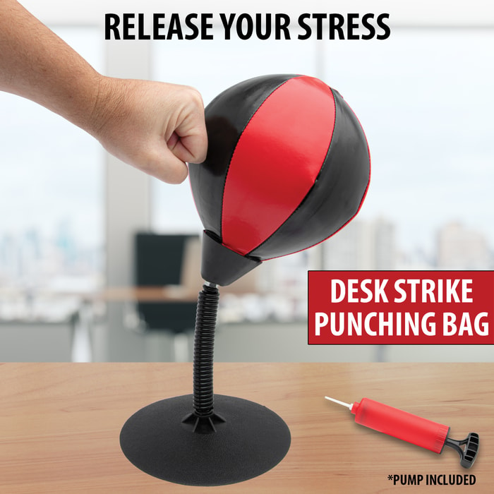The Desk Strike Punching Bag shown in use and with its included air pump