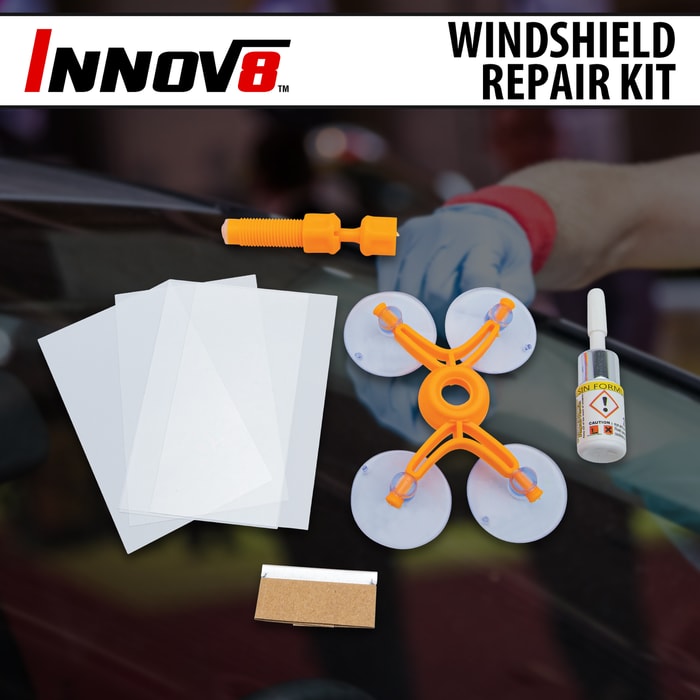 Full image of Innov8 Windshield Repair Kit with materials included.