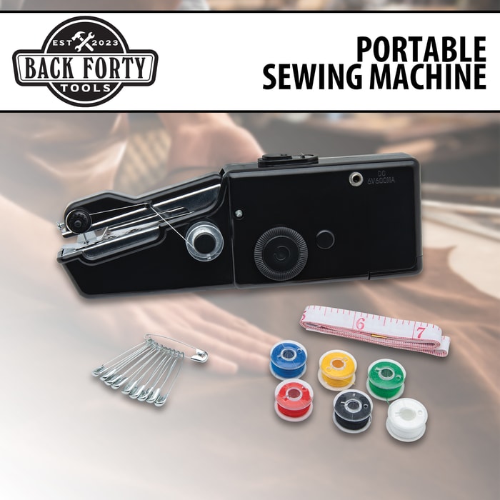 Full image of Back Forty Tools Portable Sewing Machine and what is included.