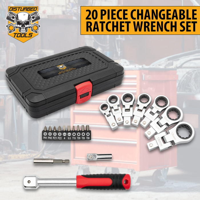 Full image of the Disturbed Tools 20 Piece Changeable Ratchet Wrench Set.