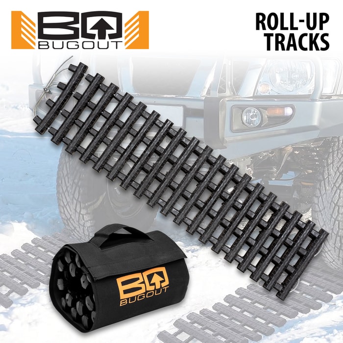 The BugOut Roll-Up Traction Tracks are shown both unrolled and rolled into its carrying bag that features the BugOut logo.