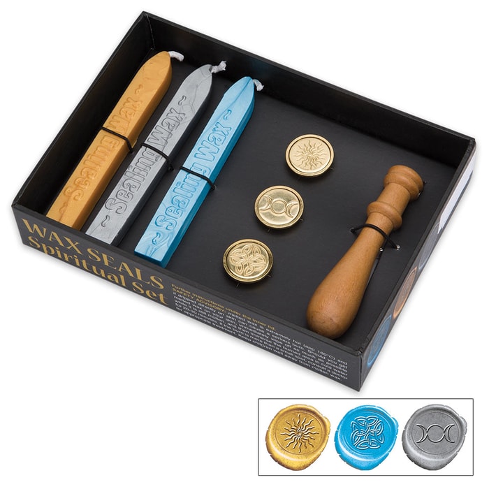Lo Scarabeo Spiritual Sealing Wax Kit - Blue/Silver/Gold Wax, Wooden Stamp, 3 Brass Imprints