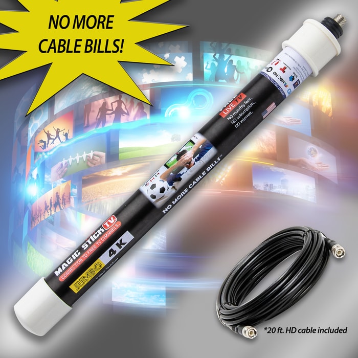 The Magic Stick Jumbo 4K Antenna with its coaxial cable