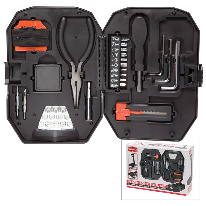 FineLife Tool Products 22-Piece Tool Set with Case and Extendable LED Work Lamp