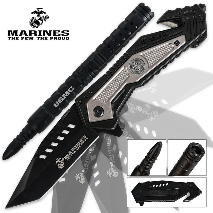 Officially Licensed USMC Salvager Tactical Rescue Knife & Pen Gift Set