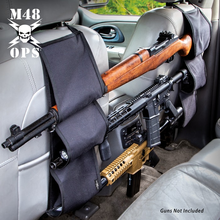M48 Back Seat Gun Rack - Nylon Canvas Construction, Interior Padding, Bungee Cords, Holds Three Rifles, Nylon Webbing Straps - Dimensions 21”x 7 1/10”