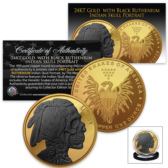 Indian Skull Collectible Coin | Clad in 24K Gold, Ruthenium | 1-oz Pure Copper | Exclusive Design