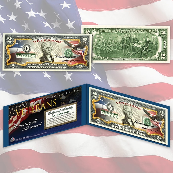 Merrick Mint Veterans Day Colorized 2 Bill in Display Folio