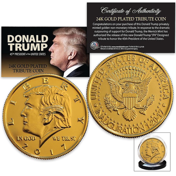 Donald Trump 2017 Inauguration Tribute Coin | Clad in 24K Gold | Mimics JFK Half Dollar 
