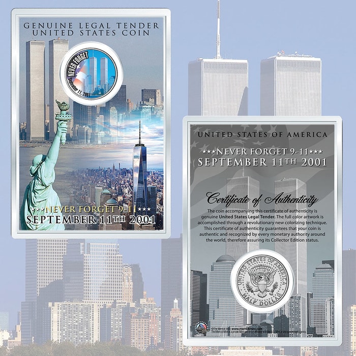 9/11 "Never Forget" World Trade Center Colorized 2001 JFK Half Dollar in 4" x 6" Acrylic Display