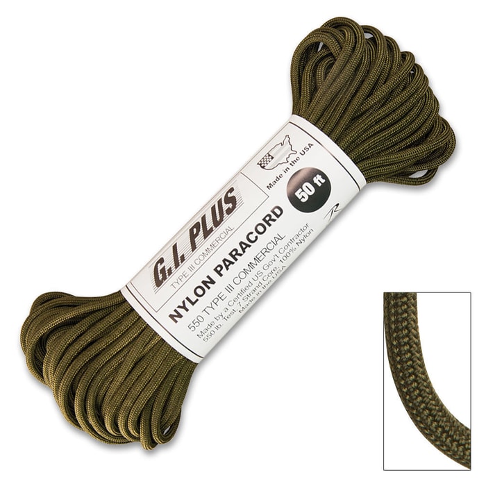 "50-ft. 550 lb Type III Commercial Paracord, Olive Drab"