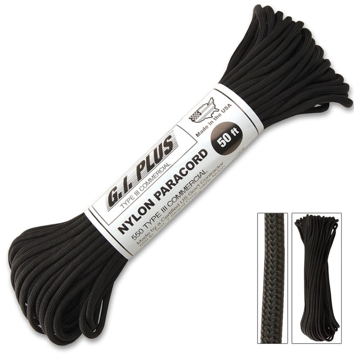 "50-ft. 550 lb Type III Commercial Paracord, Black"