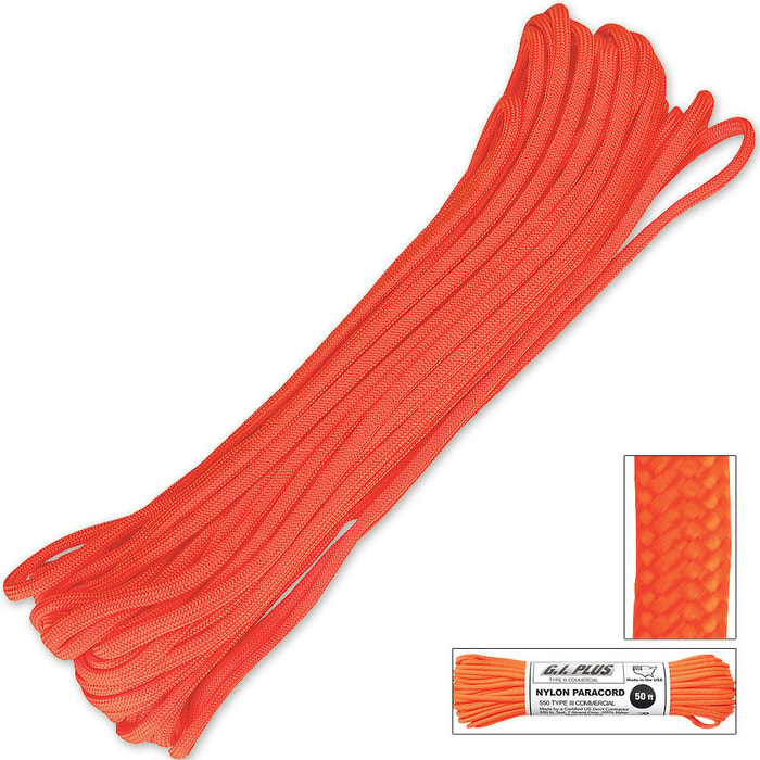 550lb Type III Commercial Paracord Safety Orange 50 Feet