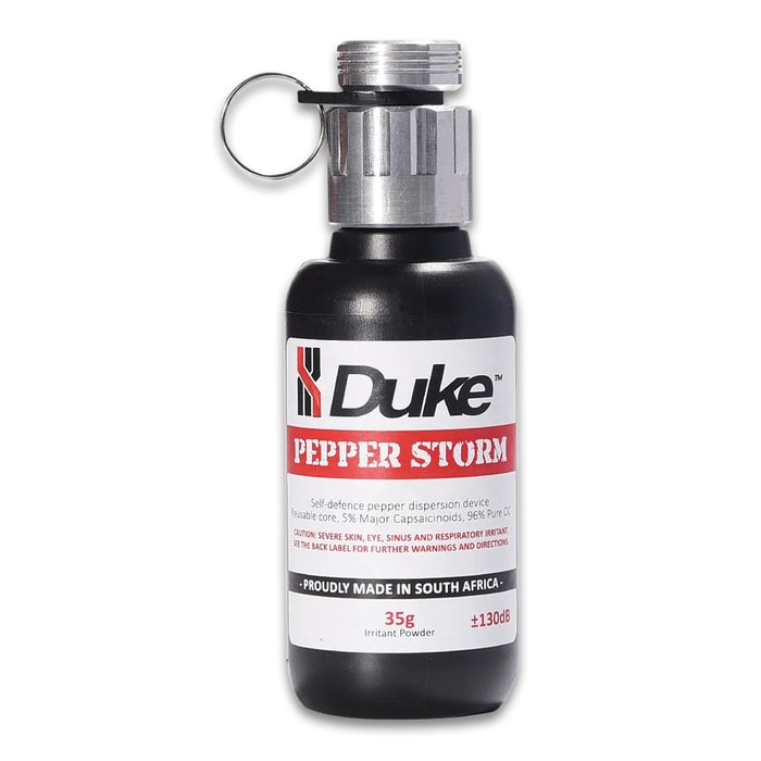 The Duke Pepper Storm's pre-filled plastic bottle