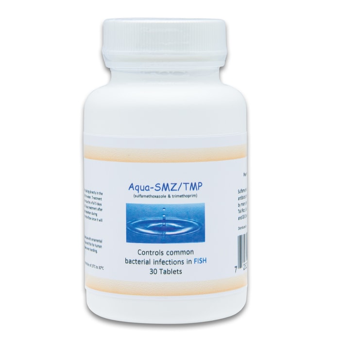 The Aqua SMZ TMP Antibiotic Pills shown in their container