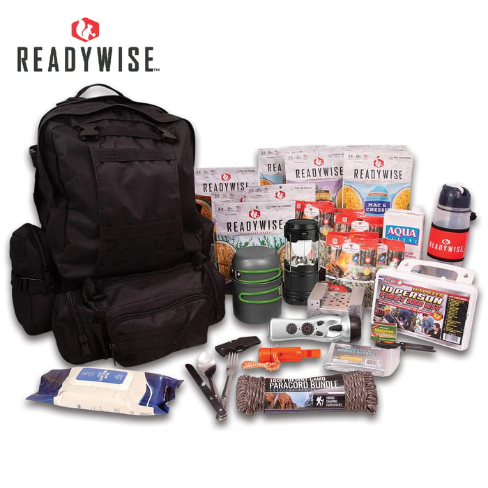 The Ultimate Three-Day Emergency Survival Backpack shown with the supplies that are in it