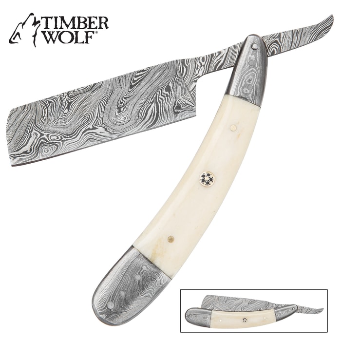 Timber Wolf Torrent Straight Razor - Hand Forged Damascus Steel - Genuine Bone - Vintage Barber Barbershop Shave Shaving Folding Folder - 6" Closed