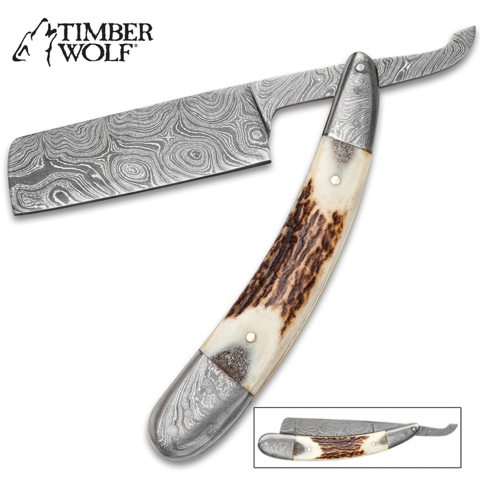Timber Wolf Deluge Straight Razor - Hand Forged Damascus Steel - Genuine Staghorn - Vintage Barber Barbershop Shave Shaving Folding Folder - 6" Closed