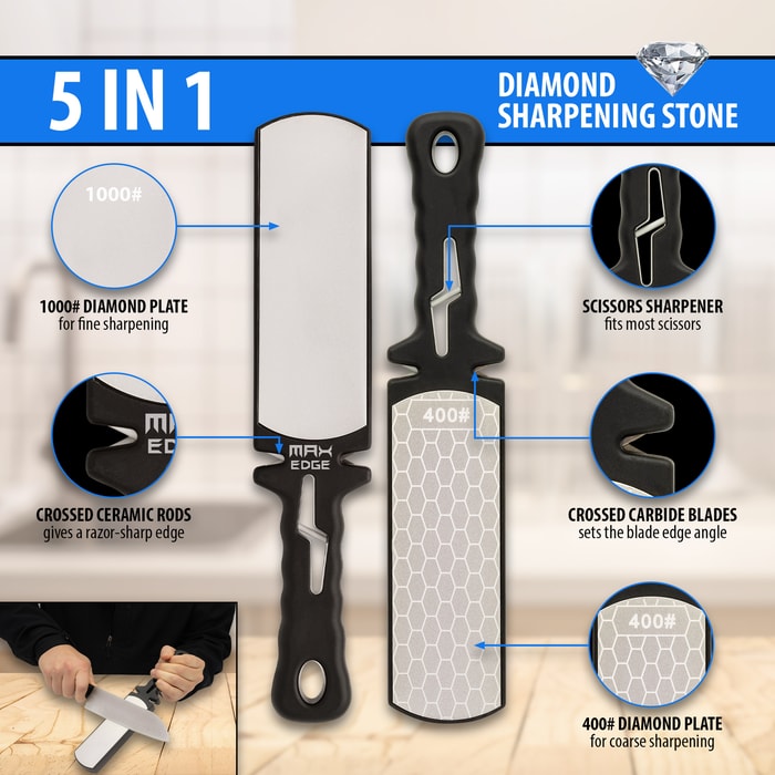 The features of the Max Edge Diamond Sharpener 5-in-1